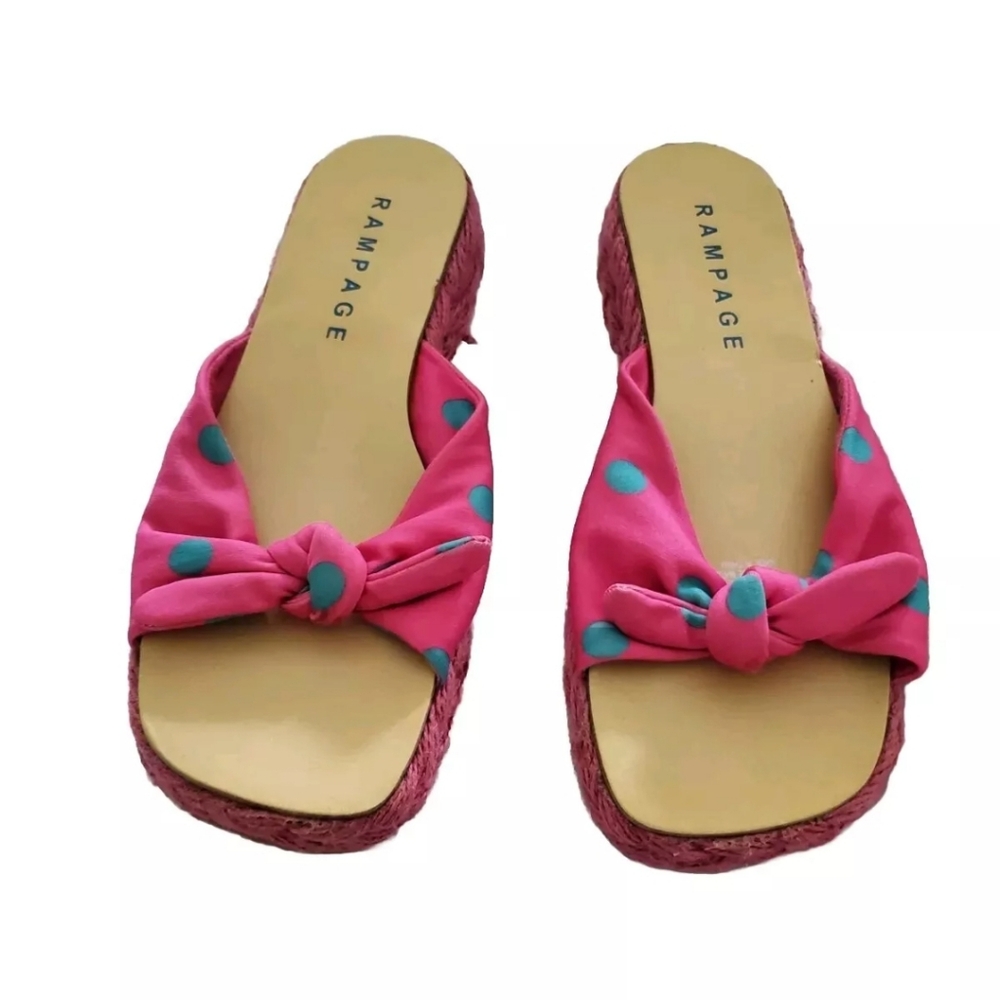Rampage Delite Sandals Women's Size 7 M Raffia  Slides Pink, Blue Dot Bow Shoes